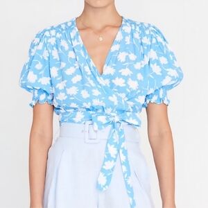 Floral Wrap Top in Blue and White